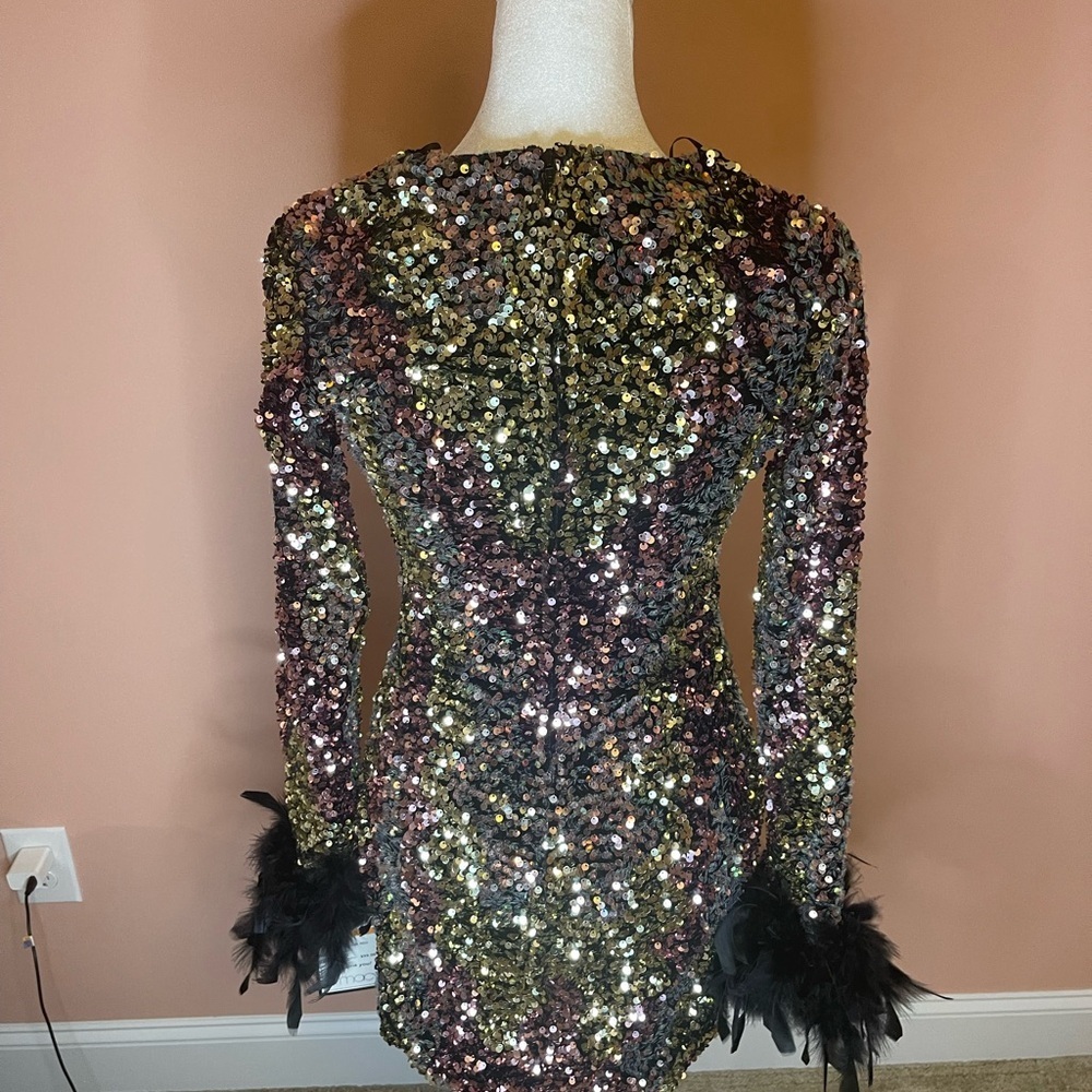 Sequin Long-Sleeve Mini Dress with Feather Cuffs - Multicolor - Picture 3 of 4